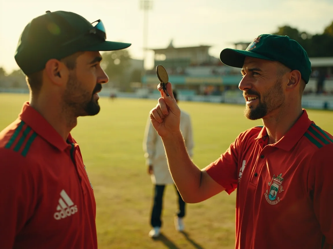 Two captains at the toss with coin in mid-air