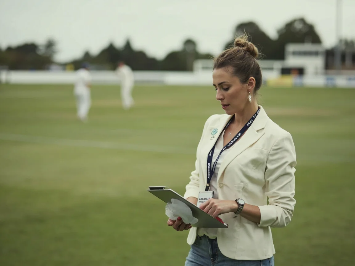 A pitch-side reporter with a tablet near square leg