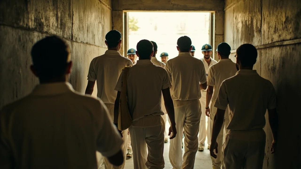 Cricket players walking down the matchday tunnel toward bright daylight