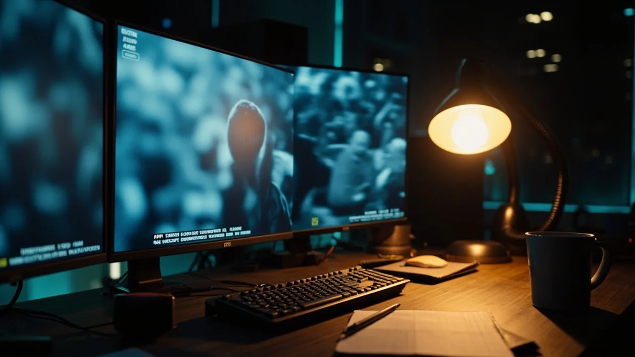 A newsroom desk at twilight