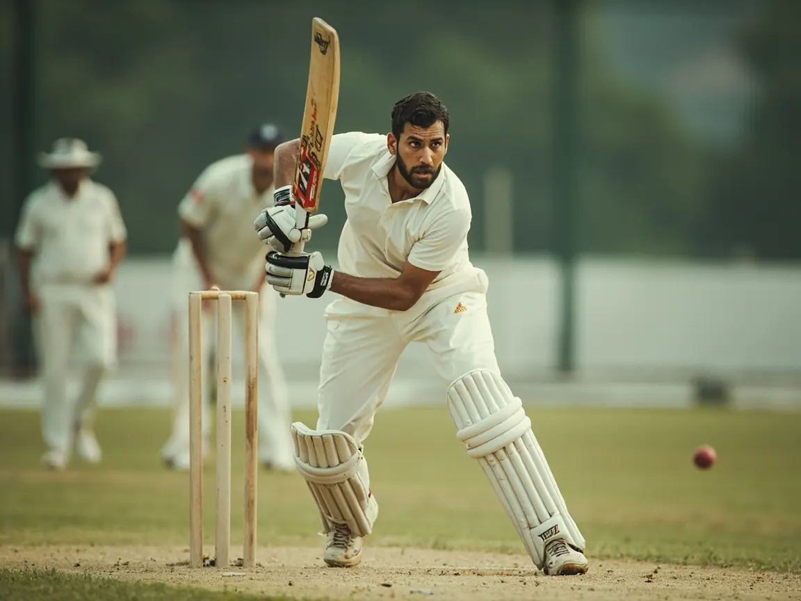 A wicketkeeper-batter mid-stride at the crease with gloves on