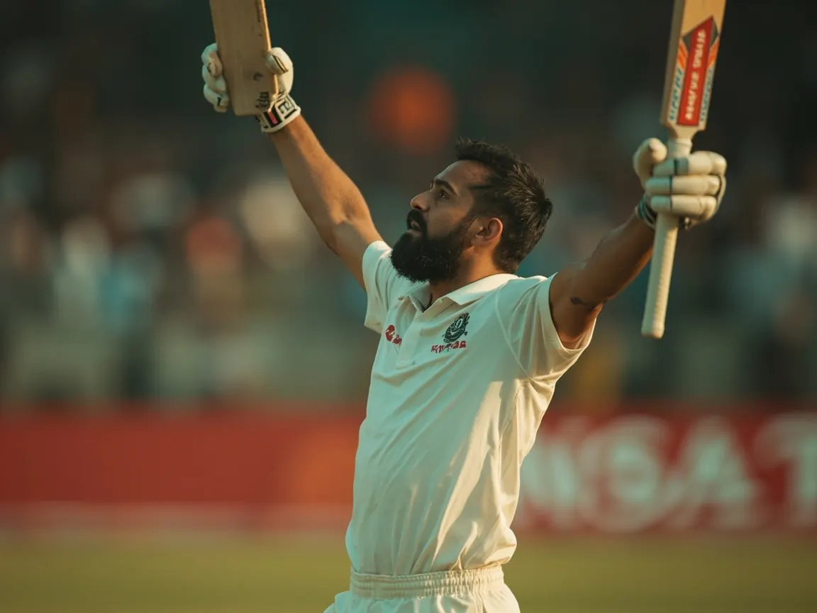 A finisher all-rounder mid-celebration with arms raised
