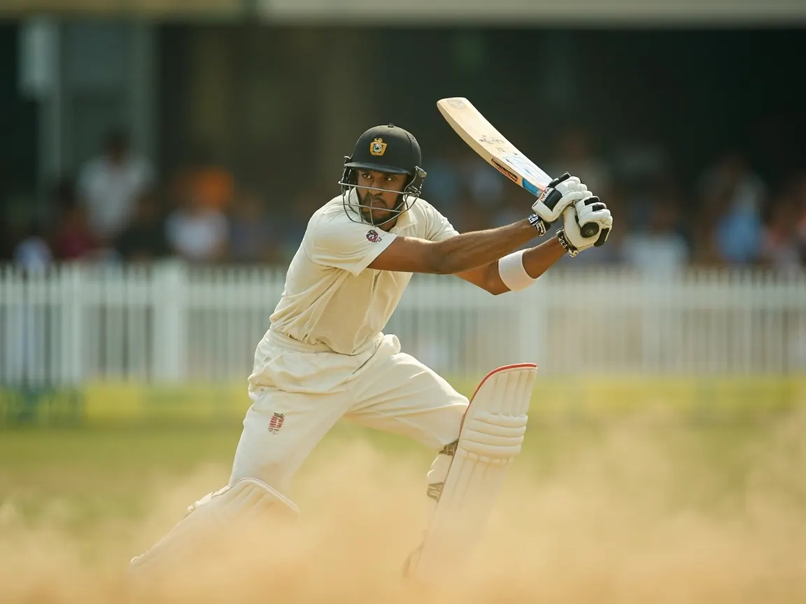 A lower-order slogger mid-swing with bat raised high