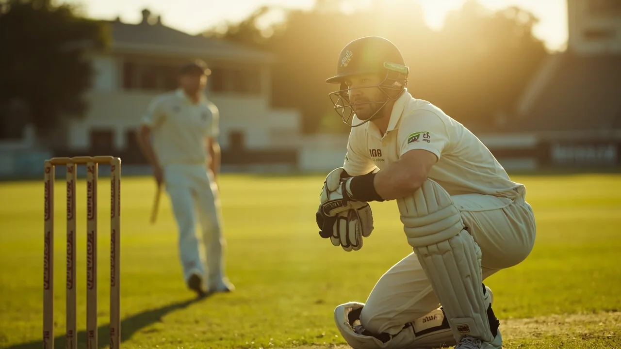 A wicketkeeper crouched behind the stumps on green outfield