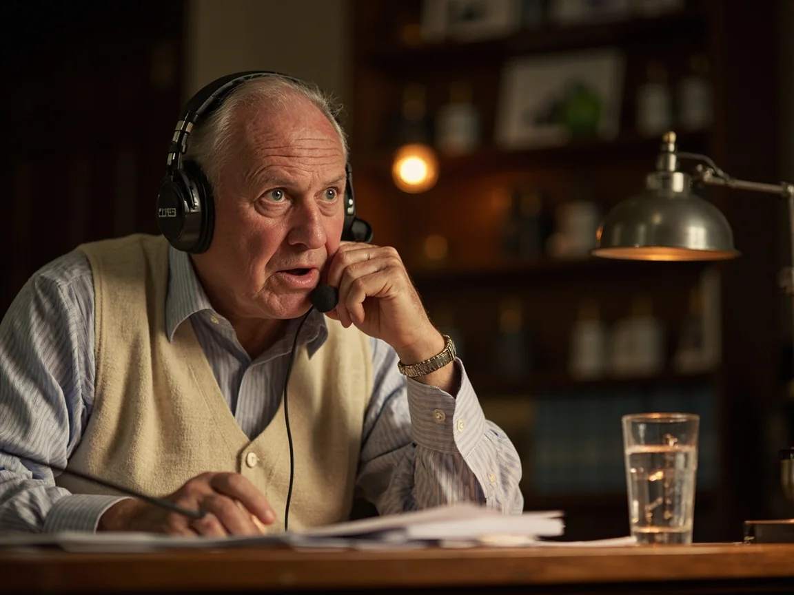 A commentator with broadcast headphones at a desk