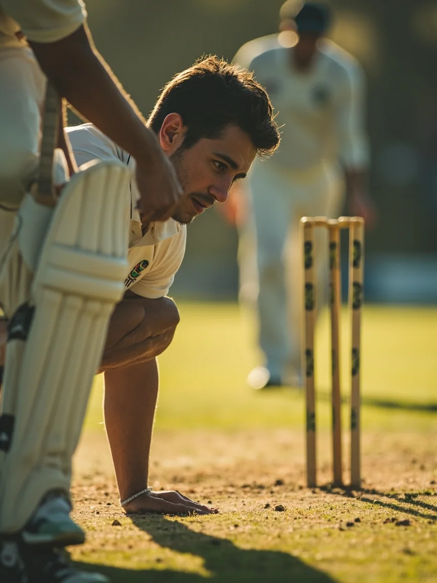 A batsman tapping the bat handle near the stumps