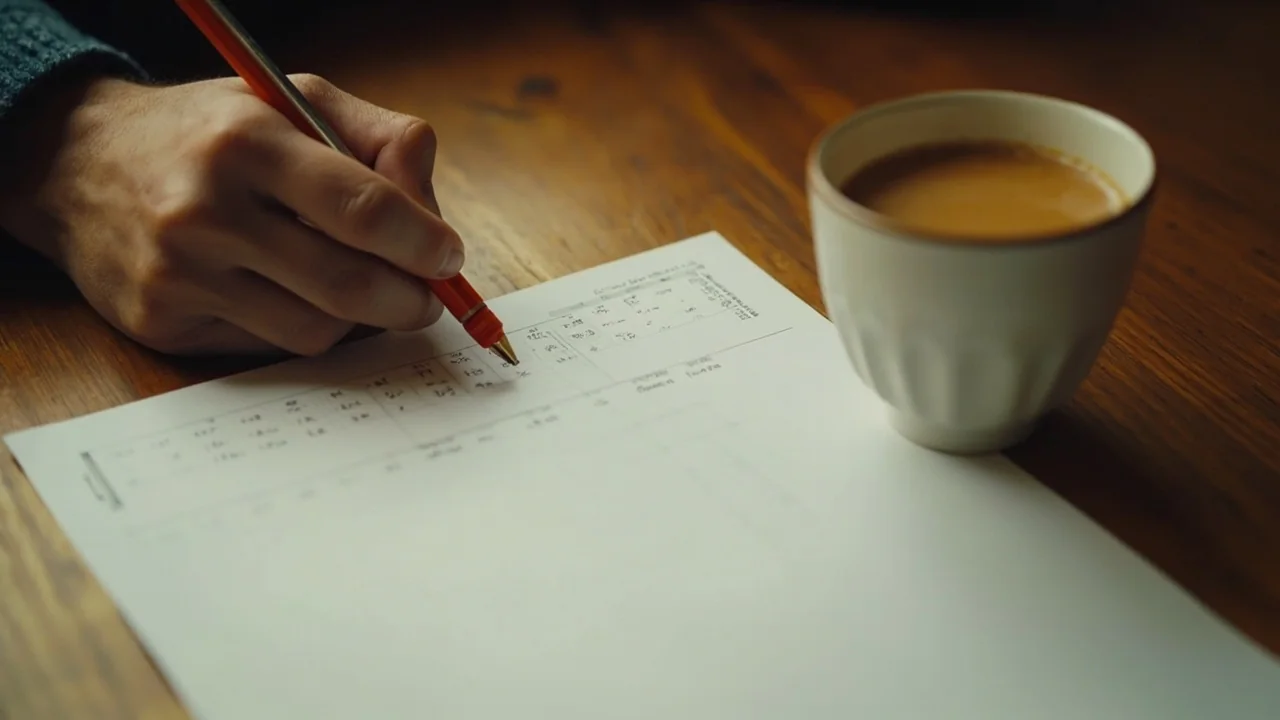 An analyst marking a printed scorecard on a wooden desk
