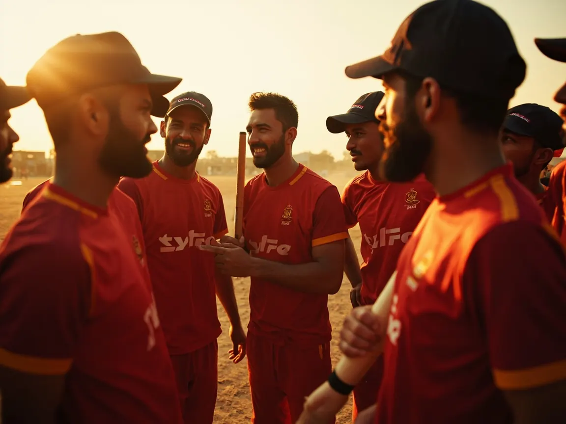A red-and-gold cricket team in a tight on-field huddle at dusk