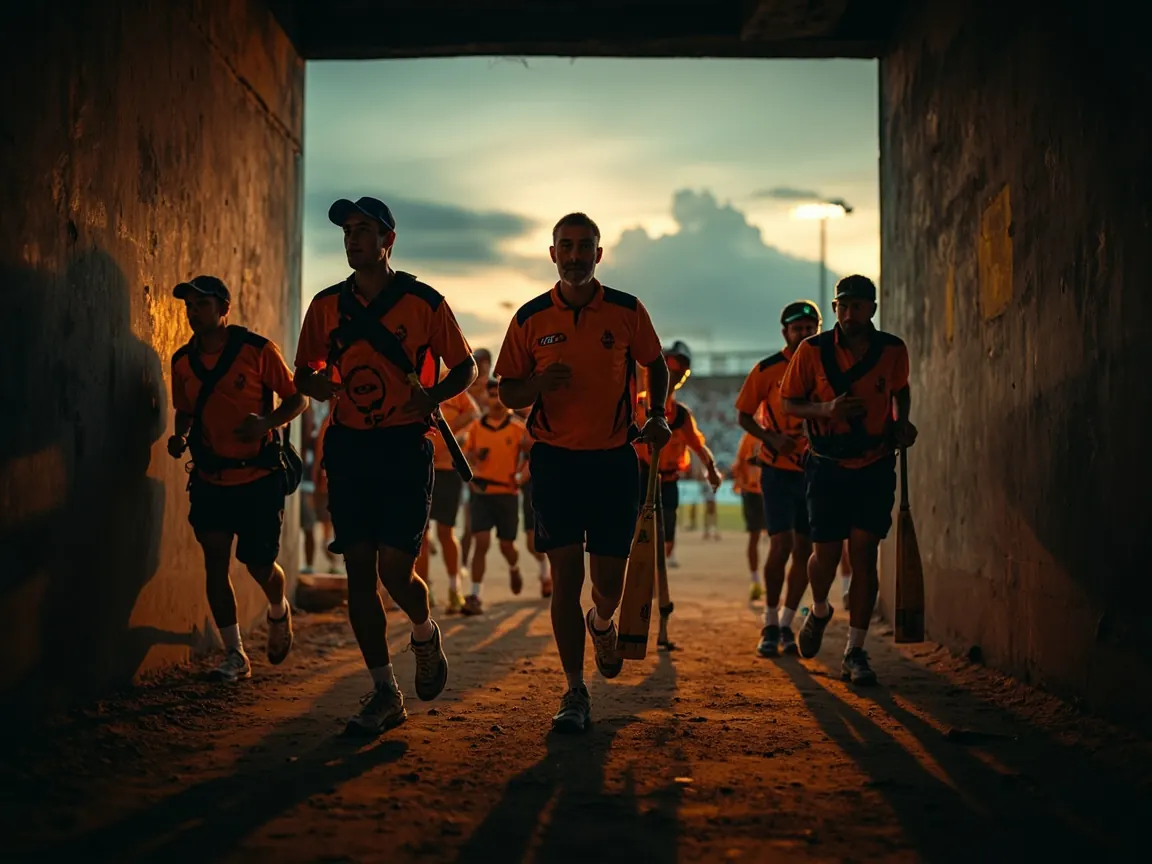 An orange-and-black cricket team jogging out of the players tunnel at twilight