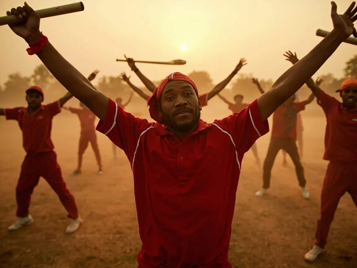 A red-and-silver cricket team in a pre-match stretching circle at sunset