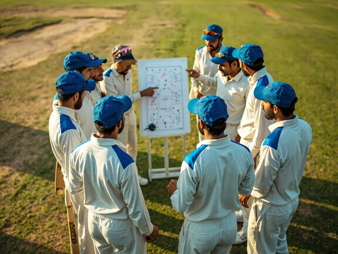 A blue-and-gold cricket team gathered around the coach's tactics board