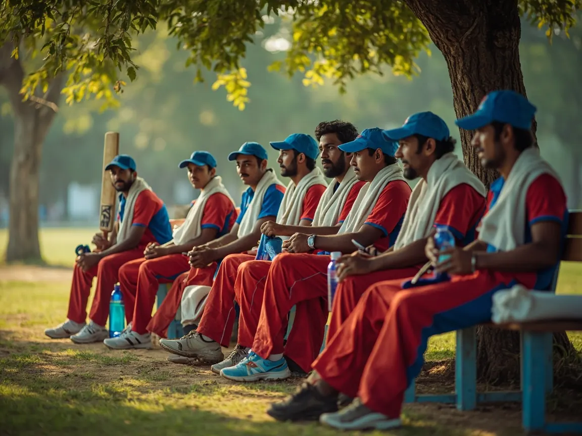 A blue-and-red cricket team taking a water break on the bench under a tree