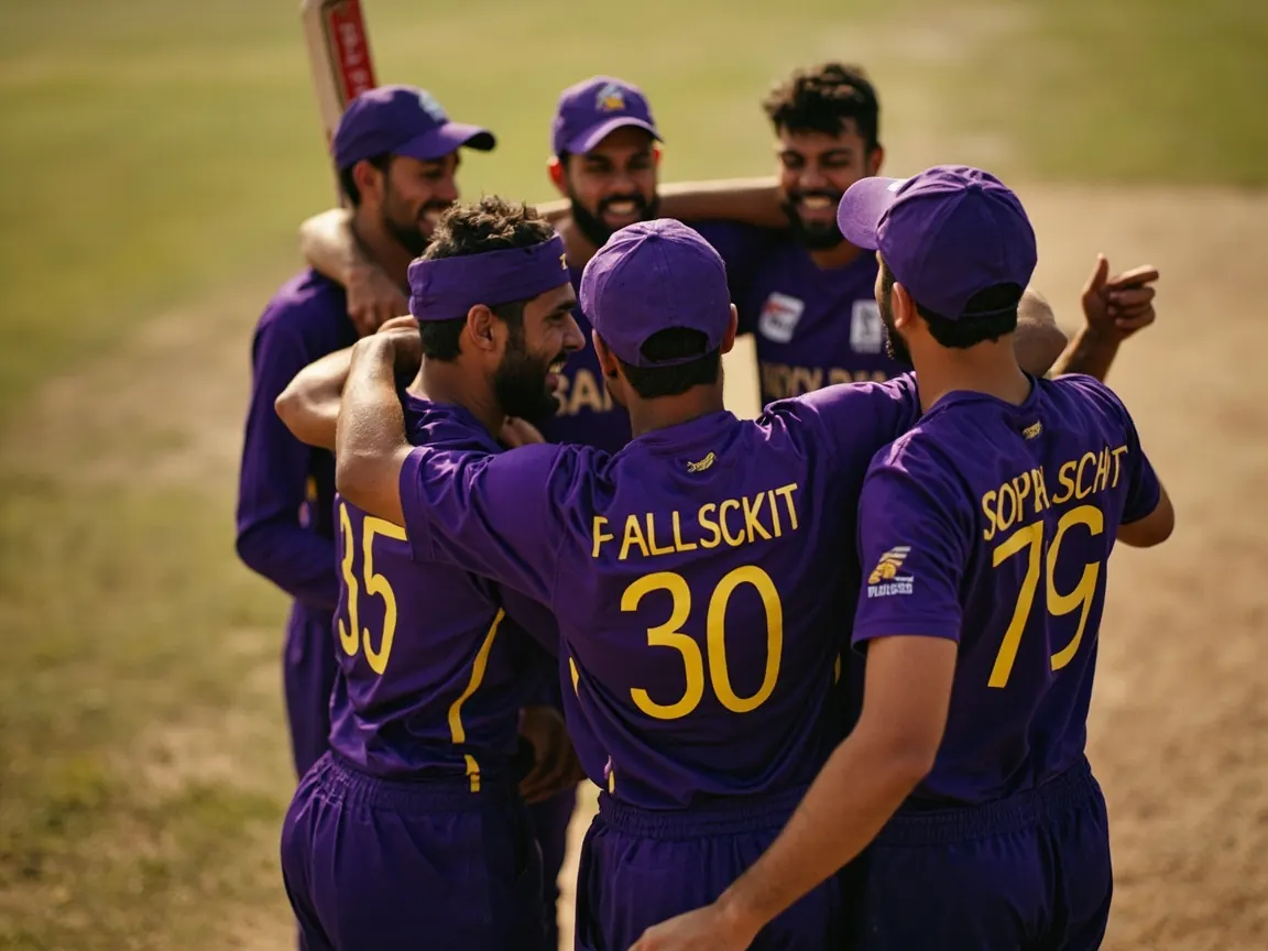 A purple-and-gold cricket team in a tight post-match huddle at the boundary rope