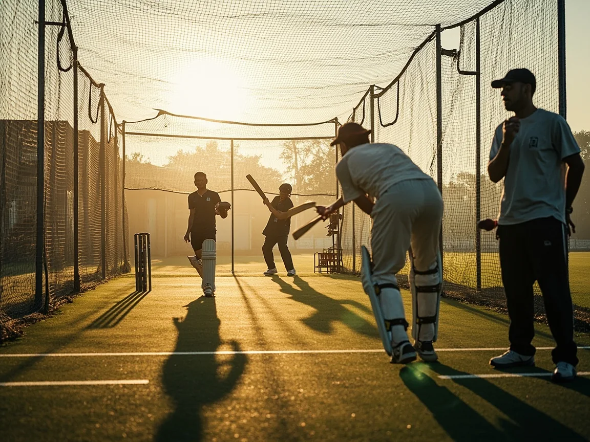 Two batsmen at the morning nets session