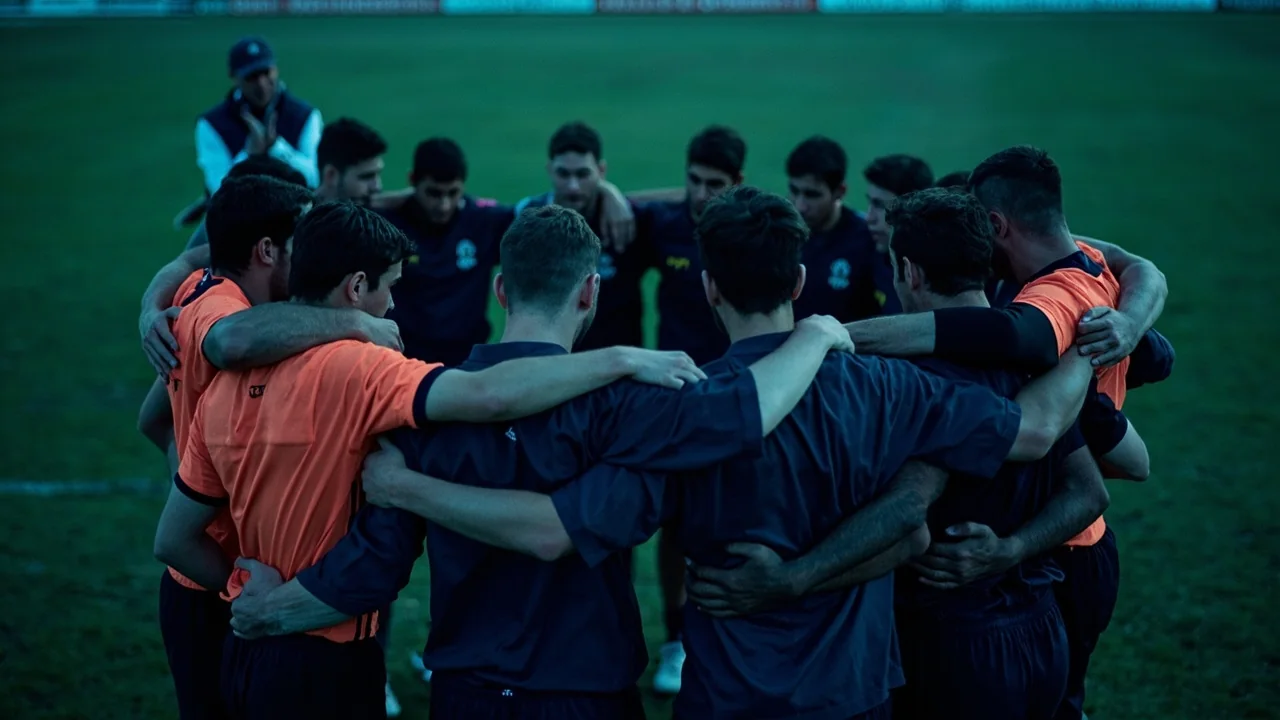 A cricket team huddled in a tight circle at dusk